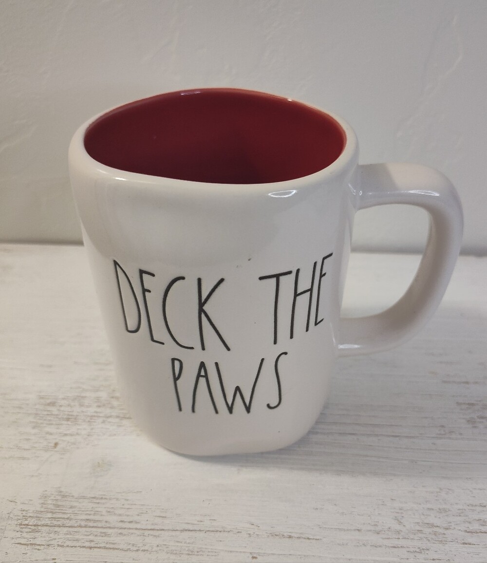 Rae Dunn Christmas DECK THE PAWS Coffee Mug Cup Dog Cat